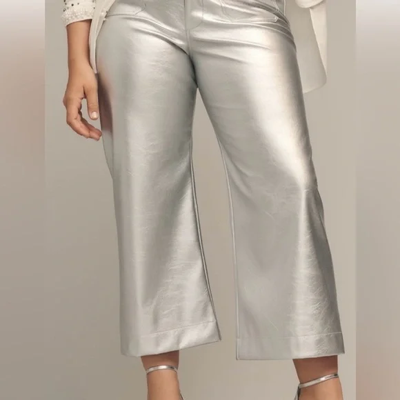 NWT Maeve by Anthropologie Colette Silver Cropped Wide-Leg Metallic Pants - Picture 2 of 13